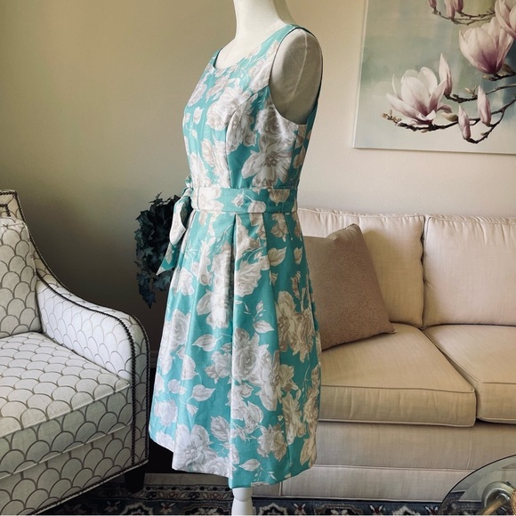 Jessica Howard Turquoise White Taupe Belted Fit And Flare Swing Dress - Picture 4 of 16